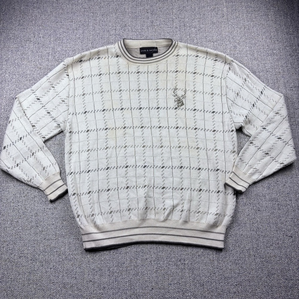 VTG 90s Croft Barrow Plaid Knit Sweater Mens L Cream Embroidered Buck Deer USA